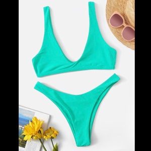 Plunge Neck Top w/ High Cut Bikini Set